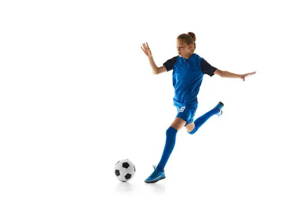 Young Female Soccer Player Motion Teen Girl Practicing Football Playing — стоковое фото
