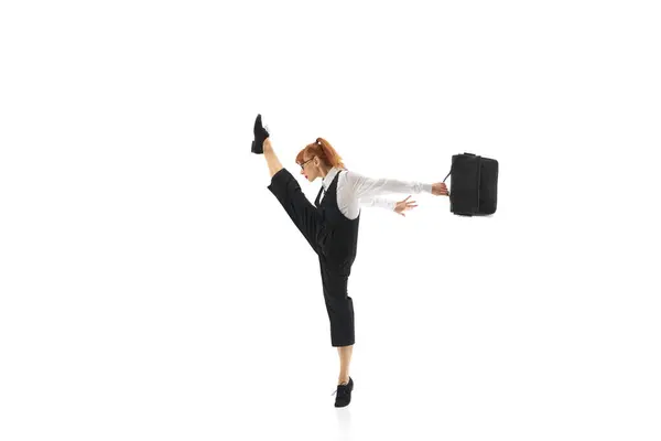 Determined Motivated Businesswoman Formal Wear Briefcase Standing Dynamic Stretching Pose — Stockfoto