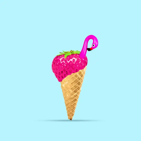 Flamingo Swimming Circle Placed Delicious Strawberry Ice Cream Cone Blue — Stockfoto