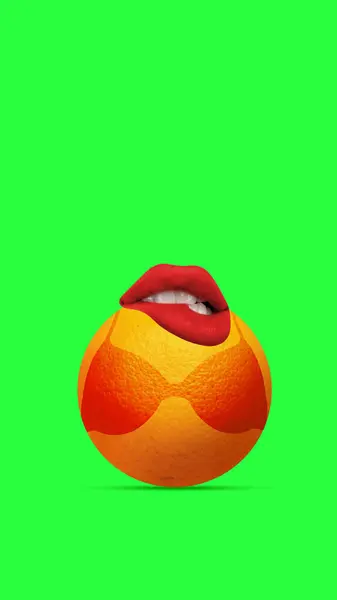 Bright Orange Woman Mouth Bra Tan Silhouette Vivid Green Background — Stockfoto