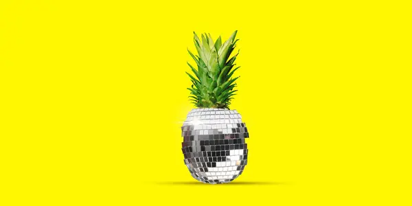 Disco Ball Pineapple Top Bright Yellow Background Tropical Party Contemporary — Stockfoto