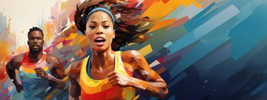 Vektör çizimi. Suluboya sanat. Atletik erkek ve kadın maratona katılıyor, sıcak bir günde açık havada koşuyorlar. Rekabet. Spor etkinliği kavramı, dayanıklılık ve hız, maraton, aksiyon ve hareket