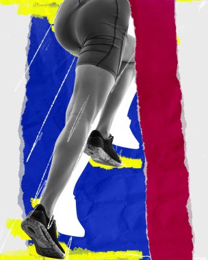 Kadın atletik vücut, bacaklar, hareket halindeki koşucu, soyut arka plan eğitimi. Çağdaş sanat eserleri. Spor, turnuva, rekabet, aktif ve sağlıklı yaşam tarzı kavramı