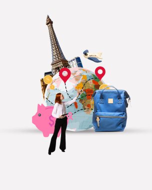 Küresel İş Seyahati. İş kadını bir dünya üzerinde rotasını planlıyor. Çağdaş sanat kolajı. Yolculuk masraflarını da sayarsak. İş gezisi ve tatil kavramı, dünya çapında işbirliği