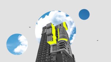 Sarı soyut elementlere sahip siyah beyaz modern bina, mavi gökyüzü arkaplanı ve uçan kuşlar. Hareket etmeyi, animasyonu durdurun. Mimarlık kavramı, emlak pazarlaması, şehir tarzı.