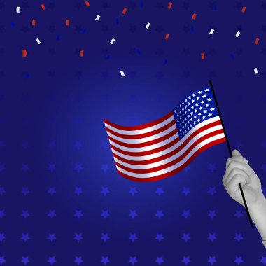 Mavi arka plana karşı Amerikan bayrağını tutan insan eli. Vatanseverliğin güçlü bir sembolü. Vektör çizimi. Amerika 'nın Bağımsızlık Günü, Tarih, Vatanseverlik, 4 Temmuz, Tatil