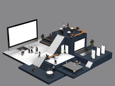 Kurumsal Teknoloji Merkezi. İş adamları gelişmiş teknolojiyle etkileşim halindeler. Kariyer gelişimi ve ilerleme. Yaratıcı kavramsal kolaj. 3 boyutlu görüntüleme. İş anlayışı, modern ofis, yenilikler.