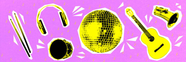 Drums, disco ball, guitar, saxophone against pink background. Music instruments combo. Contemporary art collage. Concept of music, performance, festival. Pop art. Creative design.