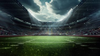 Dinamik Stadyum. Büyük, modern stadyum coşkulu taraftarlarla dolu, dramatik gökyüzünün altında yeşil futbol sahası, stadyum ışıklarıyla aydınlatılmış. 3 boyutlu görüntüleme. Spor, etkinlik, turnuva, oyun, şampiyonluk kavramı