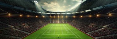 Oyun Günü Atmosferi. Maç sırasında 3D futbol stadyumunun geniş açılı görüntüsü, taraftarlarla dolu. Açık hava oyunu. Profesyonel spor konsepti, etkinlik, turnuva, oyun, şampiyonluk