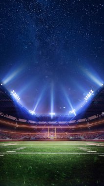 Futbol sahasının 3 boyutlu görüntüsü, açık hava arenası hayranları ve gece gökyüzü olan bulanık tribün. Neon aydınlatma. Dikey görüntü. Profesyonel spor, turnuva, oyun, şampiyonluk kavramı