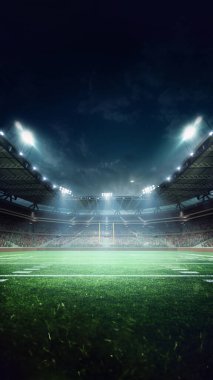 Futbol sahasının 3 boyutlu görüntüsü, açık hava arenası hayranları ve gece gökyüzü olan bulanık tribün. Neon aydınlatma. Dikey görüntü. Profesyonel spor, turnuva, oyun, şampiyonluk kavramı