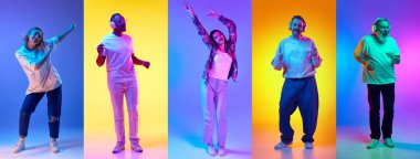 Gündelik giysiler içinde, kulaklıkla müzik dinleyen ve neon ışıkta çok renkli arka planda dans eden mutlu genç ve yaşlı insanlar. İnsani duygular, çeşitlilik, yüz ifadesi kavramı. Ad