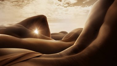 Elegant curves of the human body textures, forming sand dunes under glowing sun. Blend of natural and human art. Body aesthetics, nature and beauty of human concept. Dynamic desert bathed in sunlight. clipart