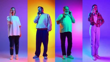 Farklı yaşlarda kolaj yapan erkekler ve kadınlar cep telefonuyla neon renkli arka planda konuşuyorlar. İletişim. İnsan duyguları, yüz ifadesi, yaşam tarzı kavramı