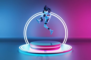 3 boyutlu görüntüleme. Afrikalı kadınların dinamik görüntüsü, basketbol oyuncusu, neon renkli arka plana karşı öncü çemberle podyumda top oynuyor. Spor, rekabet, turnuva, oyun, fütürizm