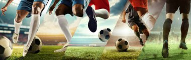 Erkek ayaklarının kesilmiş görüntüleri, maç sırasında stadyumda hareket eden futbol oyuncuları, zafer için yarışıyorlar. Kolaj. Odaklanma ve motivasyon. Spor, rekabet, turnuva, oyun, şampiyonluk kavramı