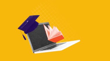 Mezuniyet şapkalı ve kitapları dökülen bir laptop. Hareket etmeyi, animasyonu durdurun. Nitelikleri esnek ve ulaşılabilir platformlardan alın. Çevrimiçi eğitim kavramı, e-öğrenme, modern teknolojiler