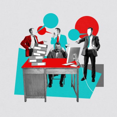 İş adamı, bir çok meslektaşıyla masada oturuyor ve arkada konuşuyor. Gürültü ve kesintiler yüzünden kızgın hissediyorum. Uzaktan kumanda etme arzusu. Çağdaş sanat. İş, ofis ayarlarında duygular