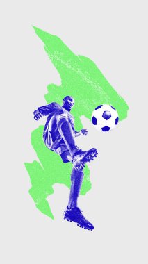 Çağdaş sanat kolajı. Konsantre adam, top süren futbolcu, beyaz arka planda tek başına oynayan. Spor anlayışı, sağlıklı ve aktif yaşam tarzı, yaratıcılık. Poster
