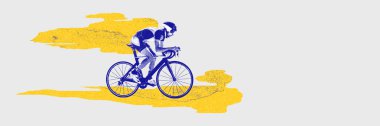 Çağdaş sanat kolajı. Beyaz arka planda bisiklet süren, soyut sarı elementli spor giysili bir adam. Spor, rekabet, turnuva, şampiyonluk, hız, dayanıklılık, enerji kavramı