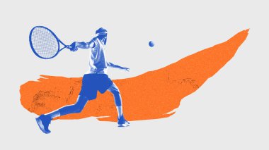 Mavi tek renkli erkek silueti, hareket halindeki tenis oyuncusu, raketle topa vuruyor. Turuncu elementli hafif arkaplan. Çağdaş sanat kolajı. Spor anlayışı, aktif yaşam tarzı, hobi
