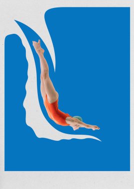 Turuncu mayo giyen ve suya dalan kadın dalgıç, dalgaları andıran şekillendirilmiş mavi ve beyaz elementlerle resmedilmiş. Çağdaş sanat kolajı. Yaz kavramı, retro, tatil, sürrealizm