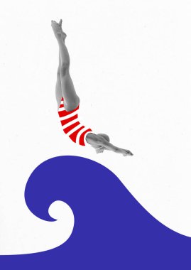 Kırmızı çizgili mayolu siyah beyaz bir kadın beyaz arka planda stilize edilmiş mavi dalgaya dalıyor. Zarafet ve dinamik. Çağdaş sanat kolajı. Yaz kavramı, retro, tatil