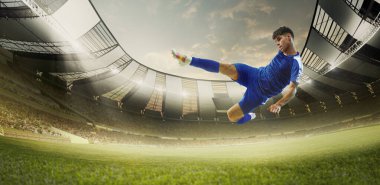 Mavi üniformalı genç atletik adam ile yatay pankart. Maç sırasında yeşil çimen tarlasında topa vuran futbolcu. Stadyumun 3 boyutlu görüntüsü. Spor, turnuva, yarışma, oyun kavramı