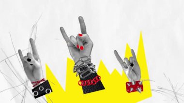 Rock müziğin yıllardır süregelen kültürel etkisinin reklamı. Çoklu eller, parlak soyut arkaplanlı rock n roll tabelaları yapıyor. Hareketi durdur, animasyonu durdur.