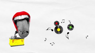 Retro müzik festivali afişi. Açık kadın ağzı heyecan ve enerji dolu bir şekilde vinil plak çalar ve gramofon sesleriyle çalışıyor. Müzik okulu, konserler ve etkinlikler. Hareketi durdur, animasyonu durdur.