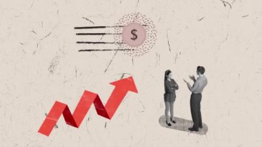 Hareket etmeyi, animasyonu durdurun. Kavramsal tasarım. Kadın ve erkek, çalışanlar şirketin finansal başarısını kazanmak için yeni bir strateji üzerinde çalışıyorlar. İş kavramı, kariyer geliştirme, takım çalışması, büyüme