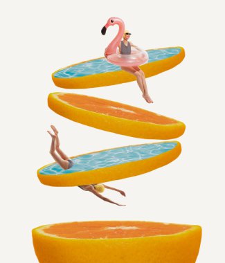 Kadınlar portakal dilimlerinden yapılmış yüzme havuzunda yüzmekten zevk alıyorlar, dalıyorlar, pembe flamingo şamandıralarında yüzüyorlar. Çağdaş sanat kolajı. Sulu, ferahlatıcı. Yaz kavramı, tatil, tatil, sürrealizm