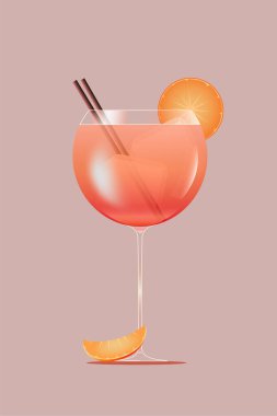 Portakal dilimi ve pembe arka planda iki pipetle süslenmiş balon camlı Aperol Spritz kokteyli. Vektör çizimi. Yaratıcı tasarım. İçki, bar menüsü, içecek kavramı
