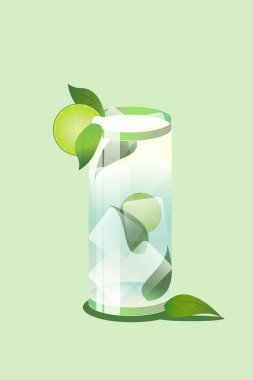 Uzun bardakta mojito kokteyli, limon dilimleri ve açık yeşil arka planda nane yapraklarıyla süslenmiş. Vektör çizimi. Yaratıcı tasarım. İçki, bar menüsü, içecek kavramı