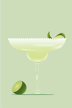 Margarita kokteyli tuzlu margarita bardağında, açık yeşil arka planda limonla süslenmiş. Vektör çizimi. Yaratıcı tasarım. Alkol içeceği, bar menüsü, içecek, rahatlama konsepti.