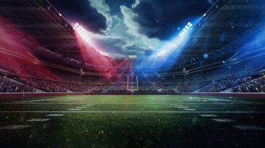 Geceleyin projektörlerle aydınlatılmış Amerikan futbol stadyumu. Taraftarlarla açık hava arenası. 3 boyutlu görüntüleme. Spor, etkinlik, turnuva, oyun, şampiyonluk kavramı