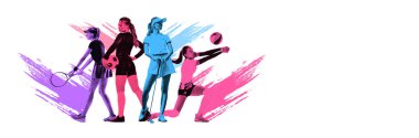 Beyaz arka planda farklı spor, tenis, futbol, golf ve voleybol oynayan çekici aktif kızlar. Spor anlayışı, aktif yaşam tarzı, rekabet, turnuva