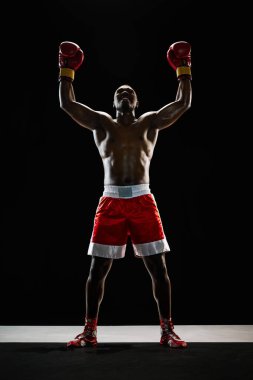 Afrikalı kaslı bir adam, kutlama pozisyonunda güçlü bir boks sporcusu, başarısını siyah arka planda izole bir şekilde sergiliyor. Profesyonel spor anlayışı, aktif yaşam tarzı, vücut, güç