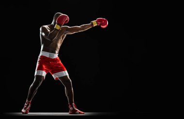 Kırmızı ve beyaz boks şortlu kendine güvenen sporcu, bir sonraki raunda hazırlanıyor, siyah arka planda izole edilmiş antrenman. Profesyonel spor anlayışı, aktif yaşam tarzı, vücut, güç