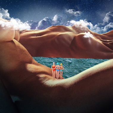 Poster. Contemporary art collage. Women in swimsuits standing on landscape of giant human body against sea and cloudy sky background. Concept of inspiration, relaxation, summer holidays. Surreal art clipart