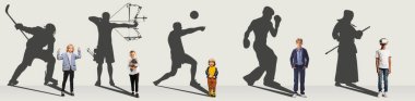 Kavramsal kolaj. Küçük çocuklar, çocukların ünlü sporcuların geleceğini görselleştirmesi. Farklı noktalar, beyaz arka plan gösteren insanların gölgelerinde. Çocukluk kavramı, gelecek, hayaller, hayal gücü