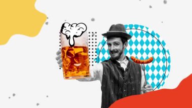 Geleneksel Bavyera festivalinde ya da Alman birası ve sosis servisi yapan mutlu bir adam. Soyut arkaplan. Hareket etmeyi, animasyonu durdurun. Ekim festivali konsepti, bira, festival, gelenekler. Yaratıcı tasarım