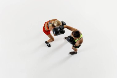 Dişi boksörler yumruk tokuşturur, güç ve çeviklik gösterisi yapar, beyaz arka planda yoğun eğitimi olan iki kadın. Dövüş sporu kavramı, dövüş sanatları, güç, dayanıklılık