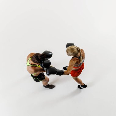 Dişi boksörler yumruk tokuşturur, güç ve çeviklik gösterisi yapar, beyaz arka planda yoğun eğitimi olan iki kadın. Dövüş sporu kavramı, dövüş sanatları, güç, dayanıklılık