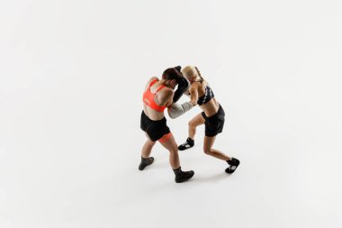 Hareket halindeki kadın boksörler güçlü yumruklar atıyor. Enerjik bir maçta. Eğitimleri beyaz arka planda. Dövüş sporu kavramı, dövüş sanatları, güç, dayanıklılık