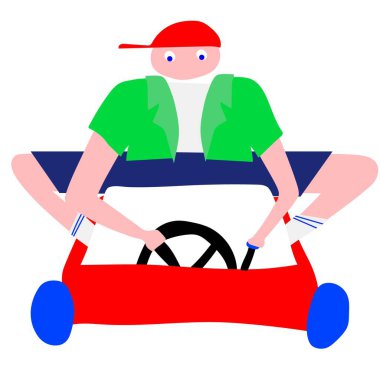 Yeşil gömlekli, mavi şortlu, beyaz arka planda kırmızı go-kart kullanan, uzamış uzuvları olan kişinin soyut çizimi. Yarış. Spor anlayışı, sürrealizm, rekabet