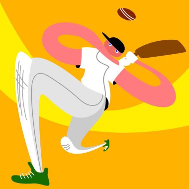 Uzamış uzuvları beyaz üniformalı ve yeşil ayakkabılı kriketçinin soyut çizimi, turuncu arka planda sallanan sopa. Dinamik hareket. Spor anlayışı, sürrealizm, rekabet, oyun.