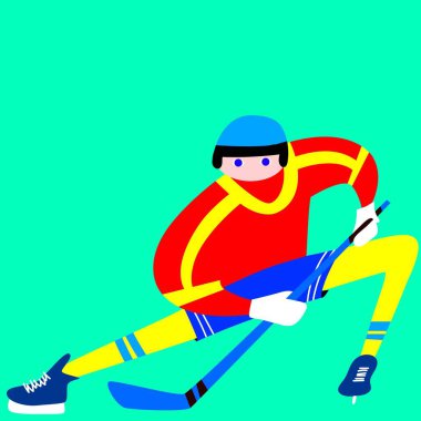 Kırmızı, sarı ve mavi renkli uzun bacakları olan hokey oyuncusunun parlak turkuaz arka planda hokey sopası tutan soyut çizgi film çizimi. Spor, rekabet, oyun kavramı.