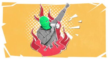 Hareket etmeyi, animasyonu durdurun. Kar maskeli bir adam alevler içinde megafonla bağırıyor. Sosyal hareket. Kitle iletişim araçları, ifade özgürlüğü, propaganda, haber, bilgi